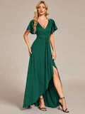 Glitter High-Low Front Side Slit Ruffled V-Neck Evening Dress