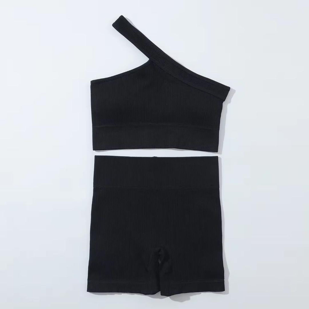 Seamless One Shoulder Top with shorts 2pcs Set Black