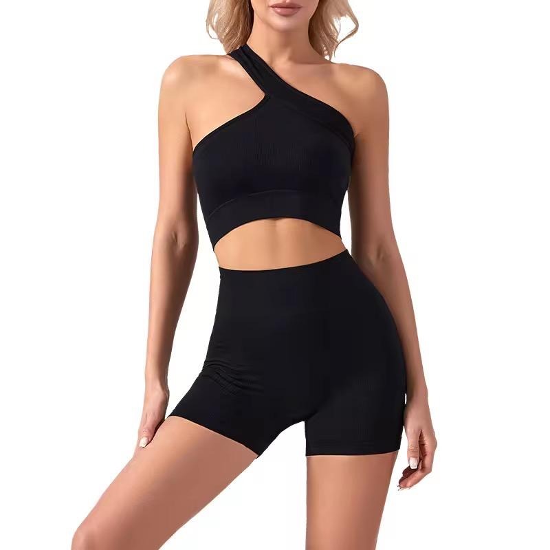 Seamless One Shoulder Top with shorts 2pcs Set Black