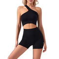 Seamless One Shoulder Top with shorts 2pcs Set Black