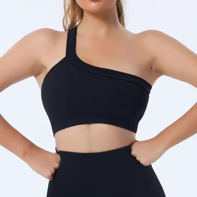 Seamless One Shoulder Top with shorts 2pcs Set Black