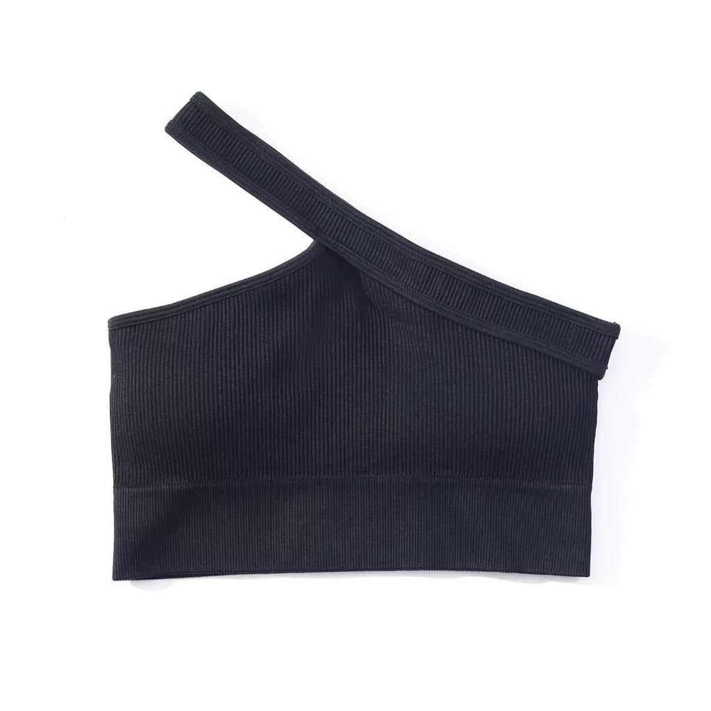 Seamless One Shoulder Top with shorts 2pcs Set Black