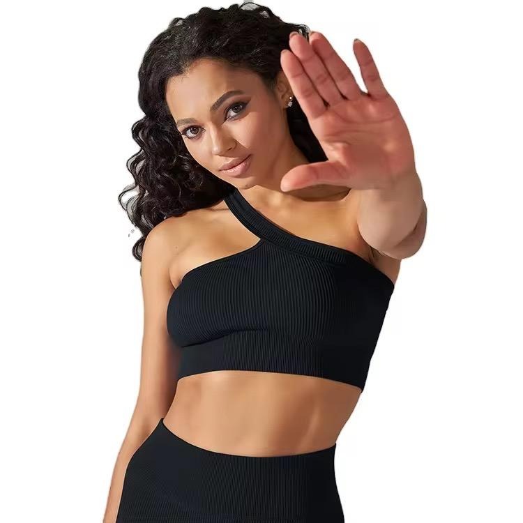 Seamless One Shoulder Top with shorts 2pcs Set Black