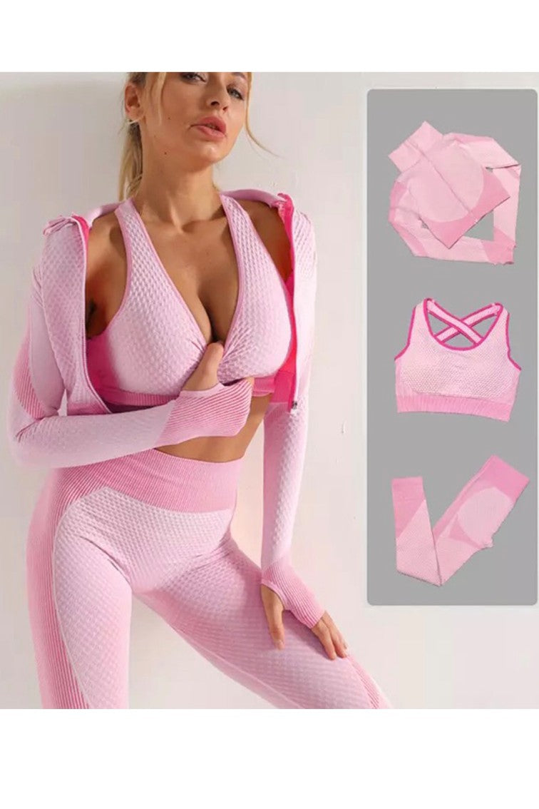 Seamless Women 3pcs Yoga Sets Fitness Sport Suit Long Sleeve Zipper with Sport Bra & Leggings Pants Pink
