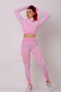 Seamless Women 3pcs Yoga Sets Fitness Sport Suit Long Sleeve Zipper with Sport Bra & Leggings Pants Pink