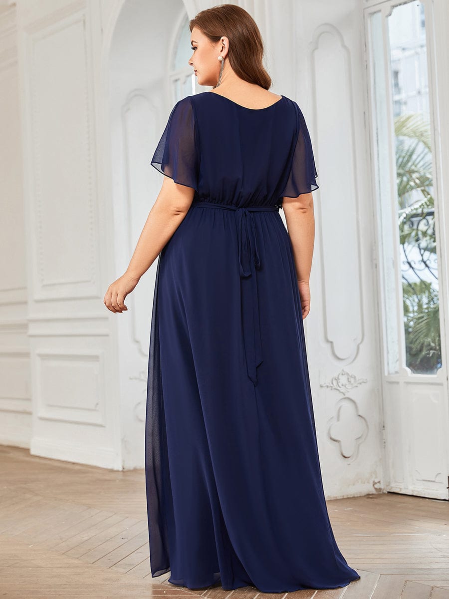 Elegant Plus Size Evening Dress with Pleated Chiffon Waist Tie