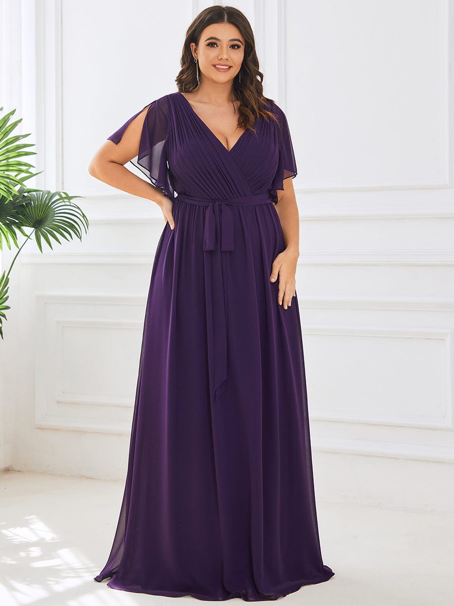 Elegant Plus Size Evening Dress with Pleated Chiffon Waist Tie
