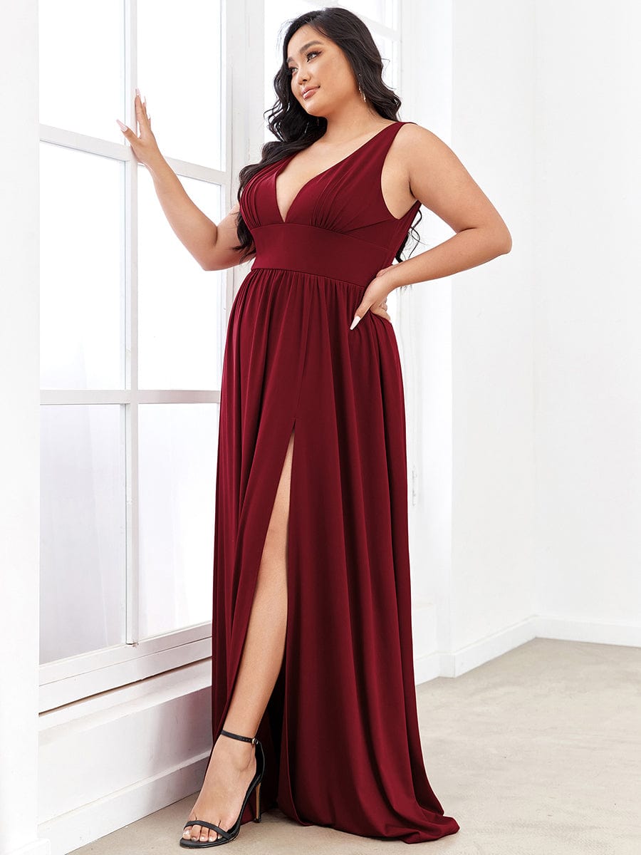 Evening Elegance Plus Size V-Neck Empire Waist High Slit Dress
