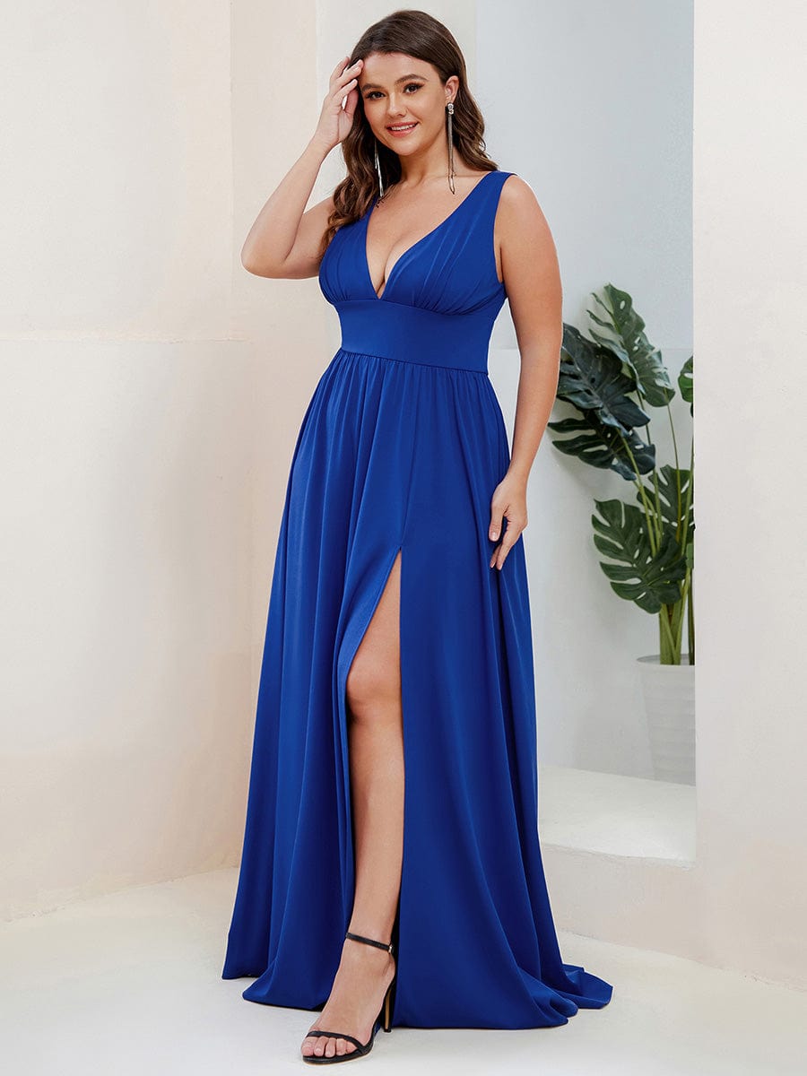 Evening Elegance Plus Size V-Neck Empire Waist High Slit Dress