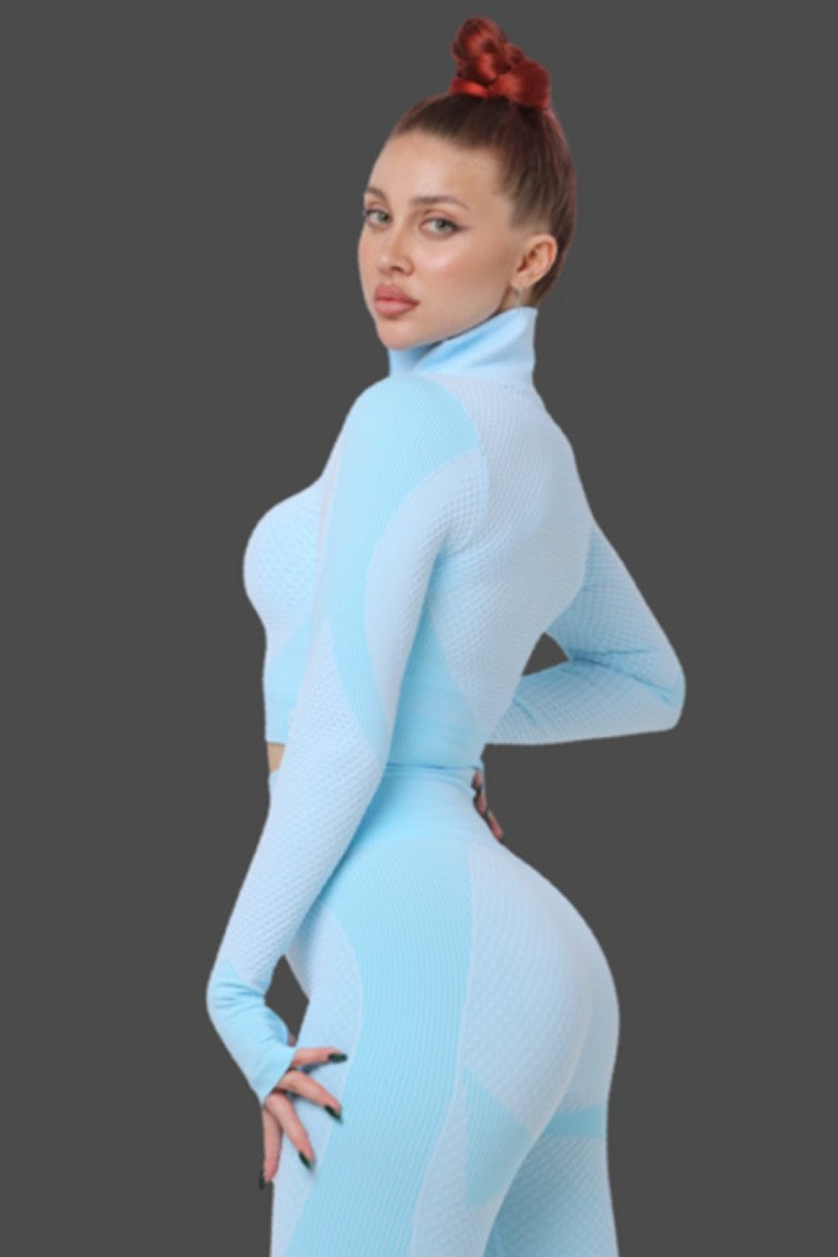 Samless Women 3pcs Yoga Sets Fitness Sports Suit Long Sleeve Zipper with Sport Bra & Leggings Pants Blue