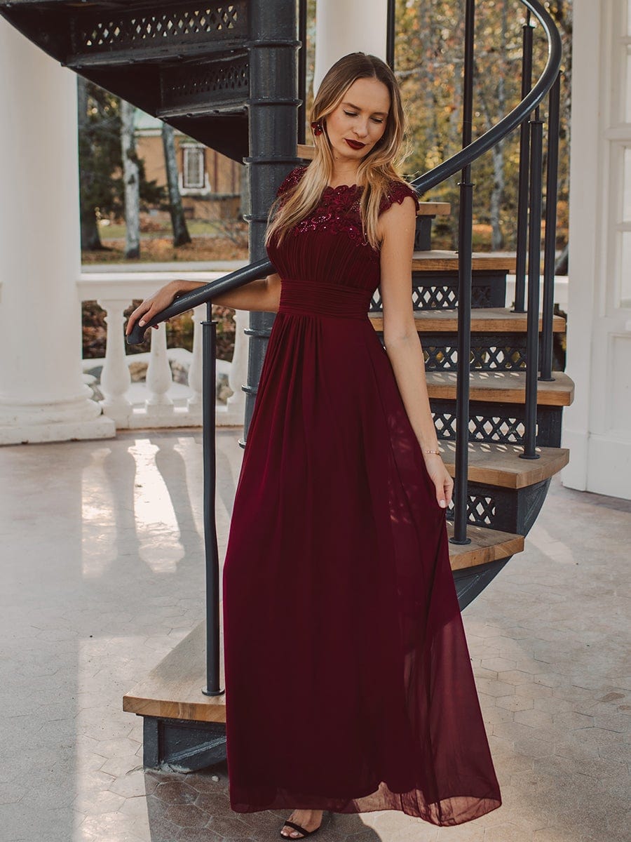 Sophisticated Lace Cap Sleeve Bridesmaid Gown