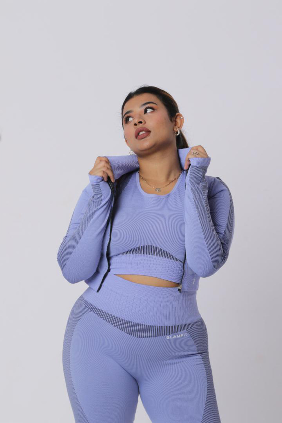 Samless Women 3pcs Yoga Sets Fitness Sport Suit Long Sleeve Zipper with Sport Bra & Leggings Pants LightBlue
