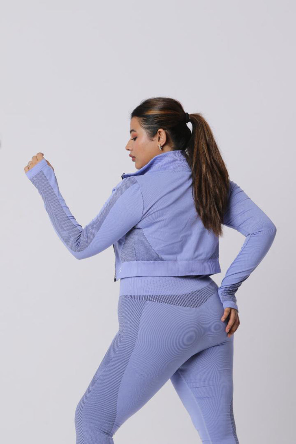 Seamless Women 3pcs Yoga Sets Fitness Sport Suit Long Sleeve Zipper with Sport Bra & Leggings Pants LightBlue