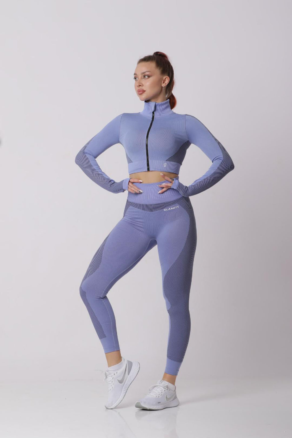 Seamless Women 3pcs Yoga Sets Fitness Sport Suit Long Sleeve Zipper with Sport Bra & Leggings Pants LightBlue