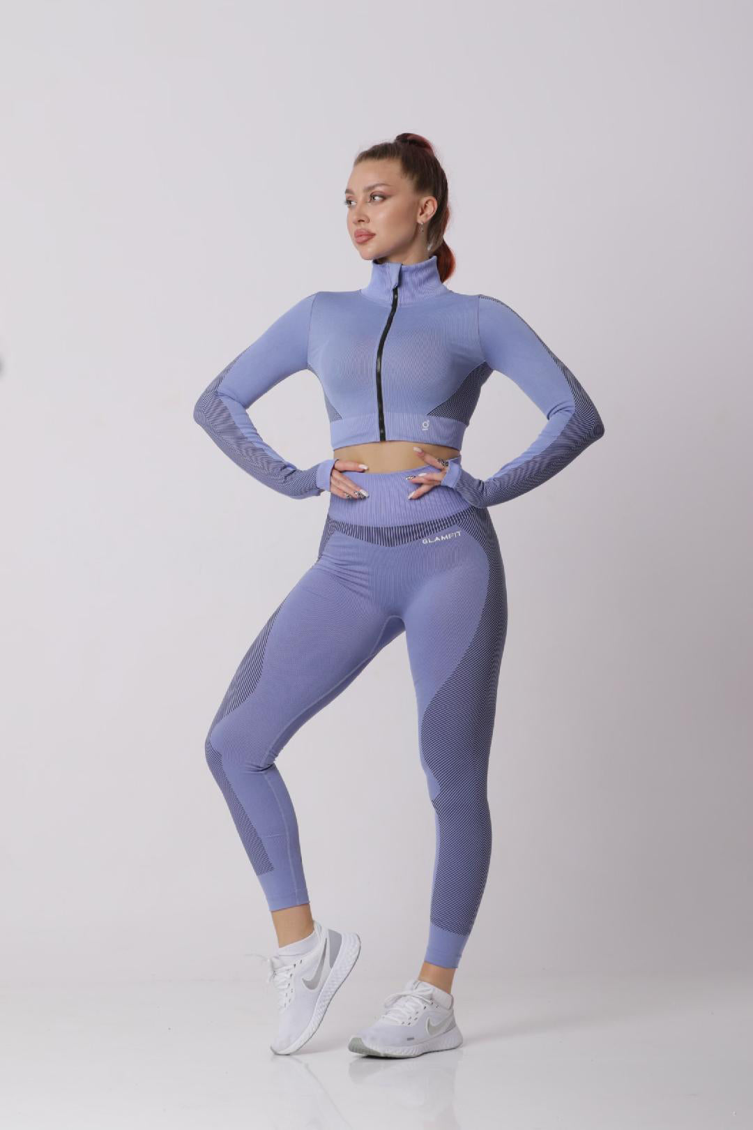 Seamless Women 3pcs Yoga Sets Fitness Sport Suit Long Sleeve Zipper with Sport Bra & Leggings Pants LightBlue