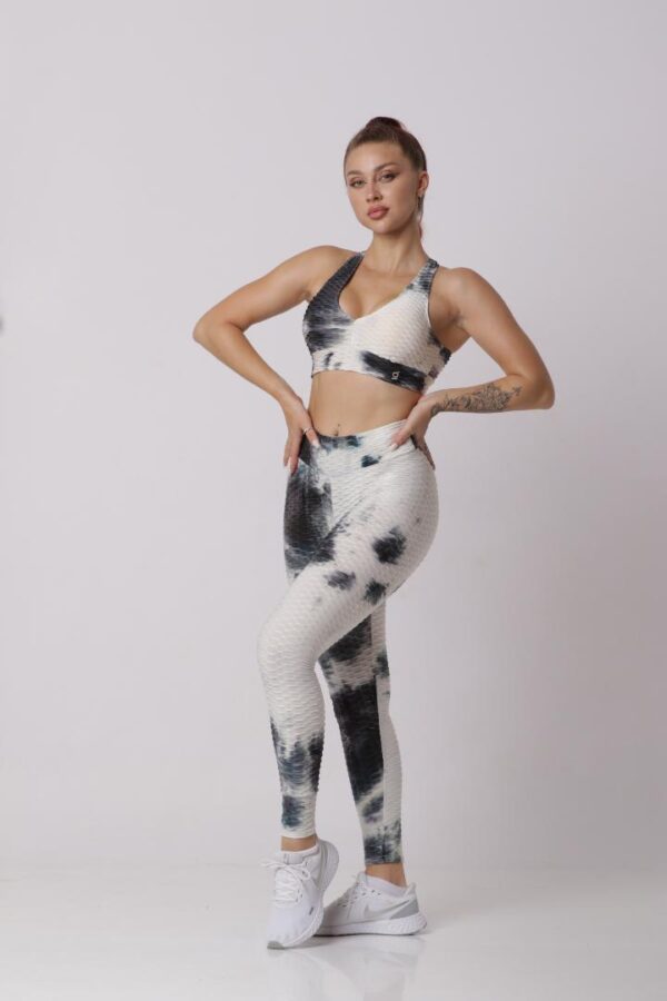 Women Soft Compression Seamless Tie Dye High Waist Leggings Bra and Jacket Set Light Black & White