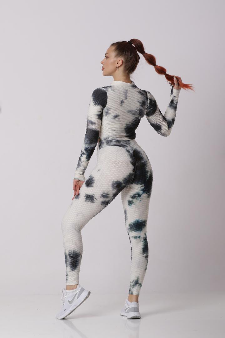 Women Soft Compression Seamless Tie Dye High Waist Leggings Bra and Jacket Set Light Black & White