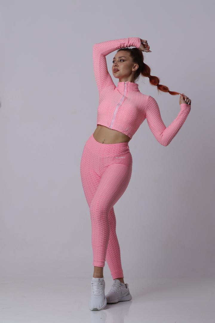 Women Soft Compression Seamless High Waist Leggings Bra and Jacket Set Light Baby Pink