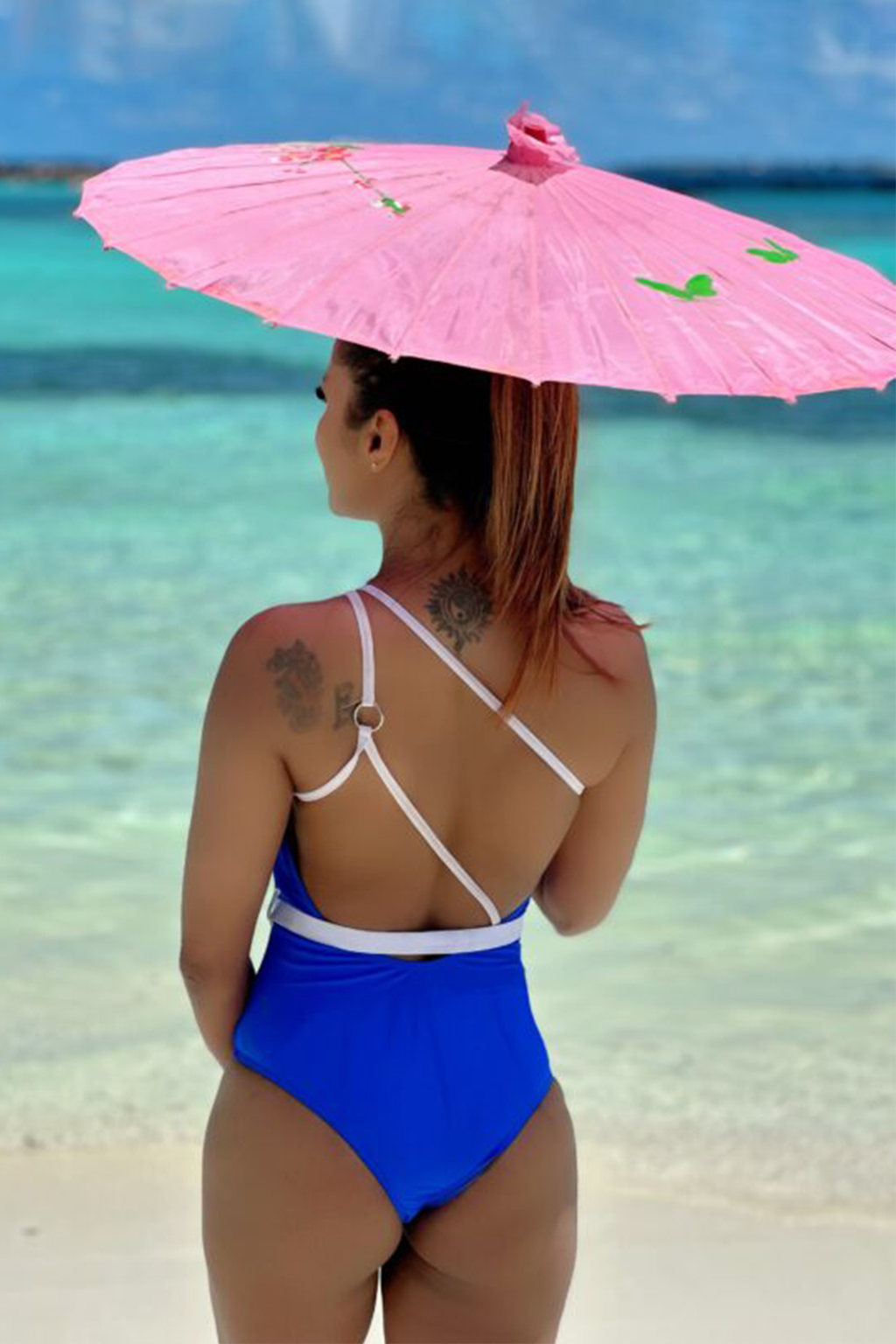 Women's One Piece White Edge Color Swimsuit With Sexy Waist Belt Blue