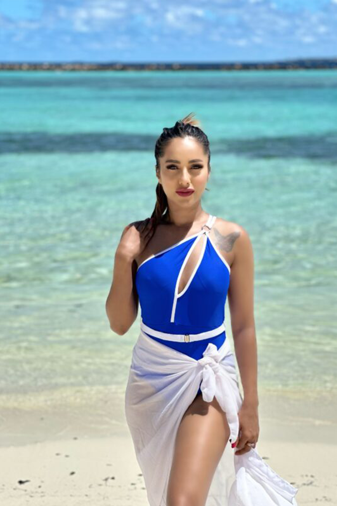 Women's One Piece White Edge Color Swimsuit With Sexy Waist Belt Blue